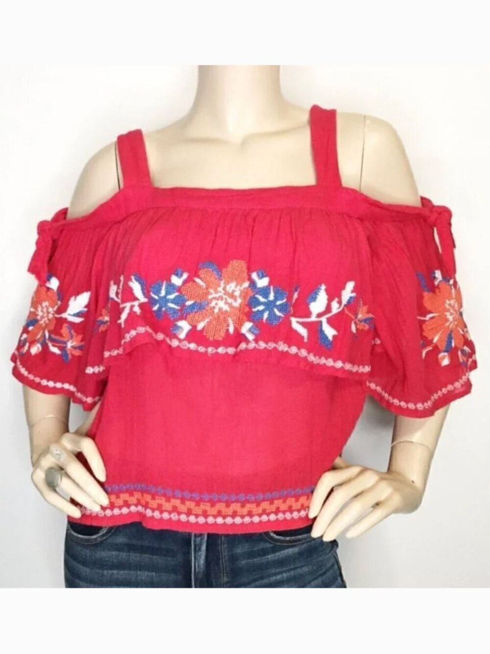 PARKER Beach Magenta Floral Embroidered Embroidery Cold Shoulder Cotton Blouse